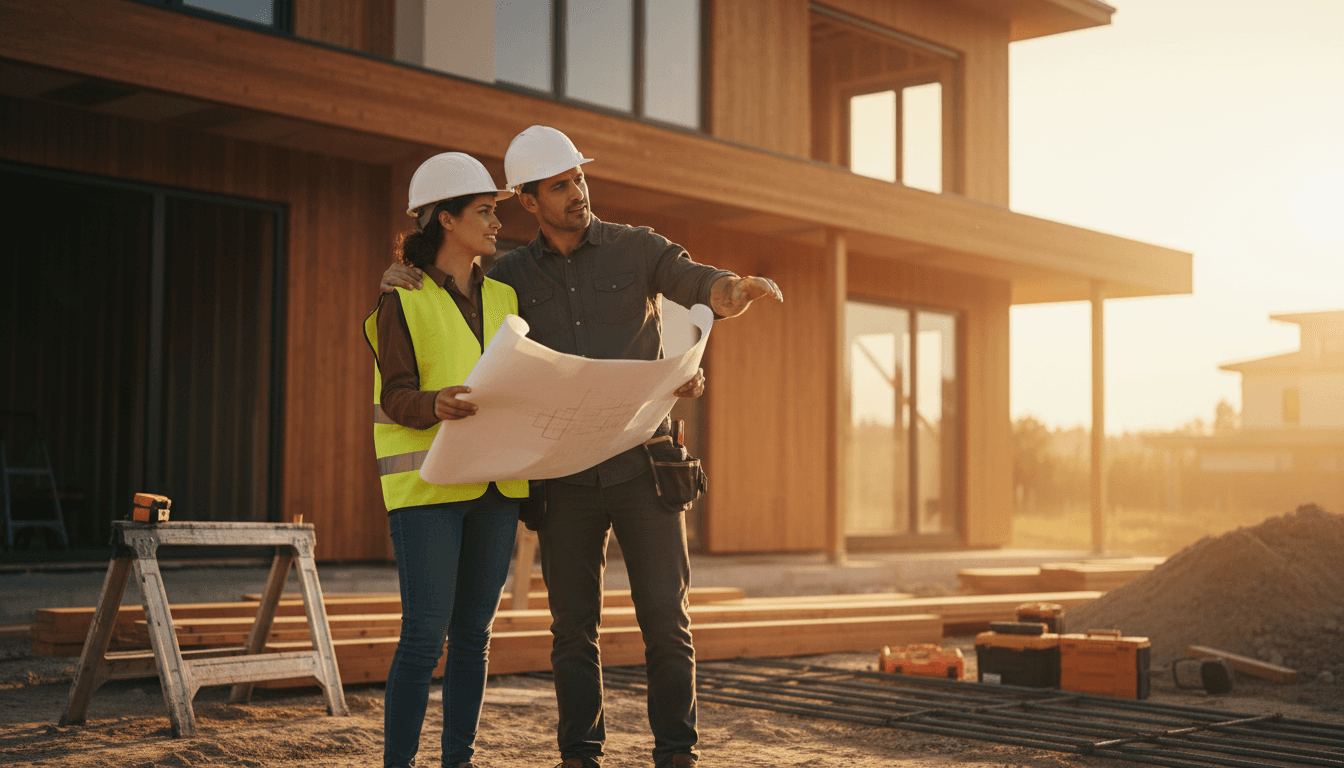 Two construction professionals reviewing facade renovation plans together on a residential building site