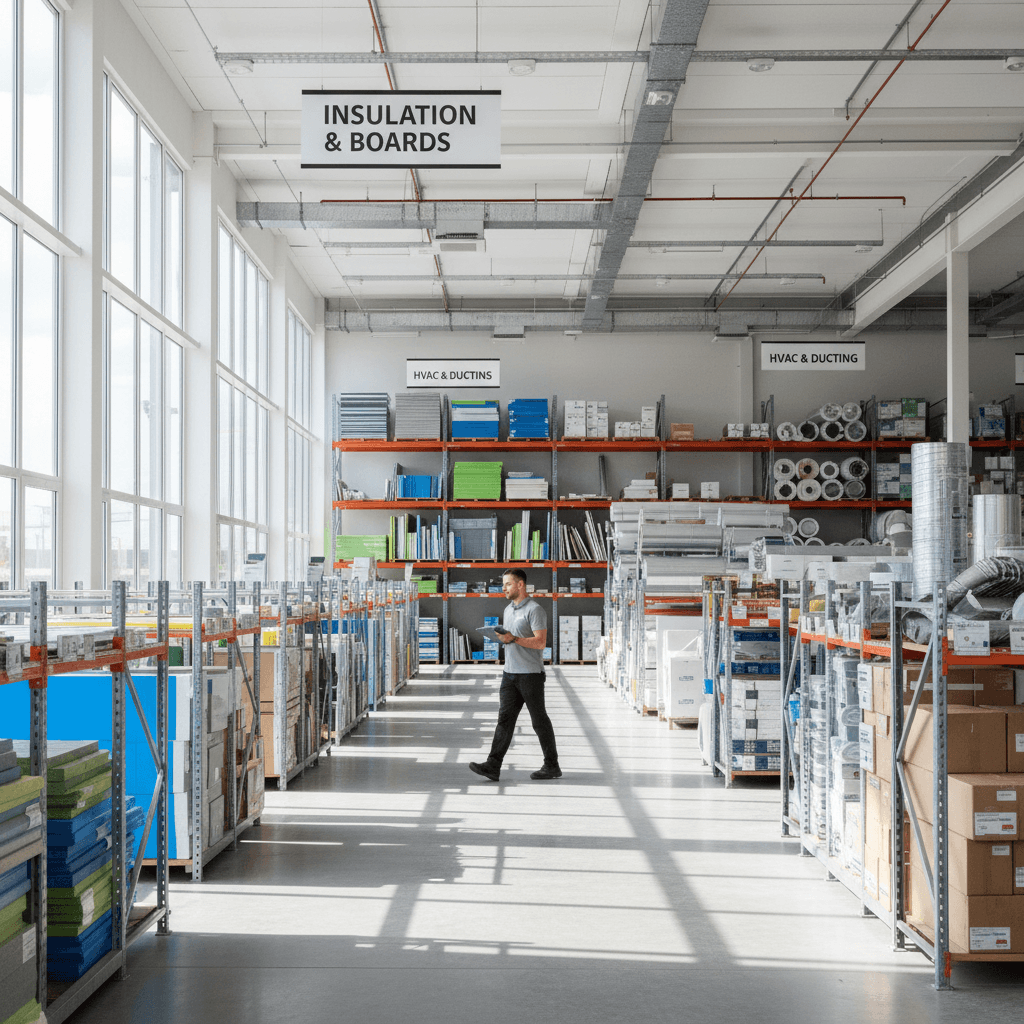 I2M materials warehouse showing inventory of insulation and facade products
