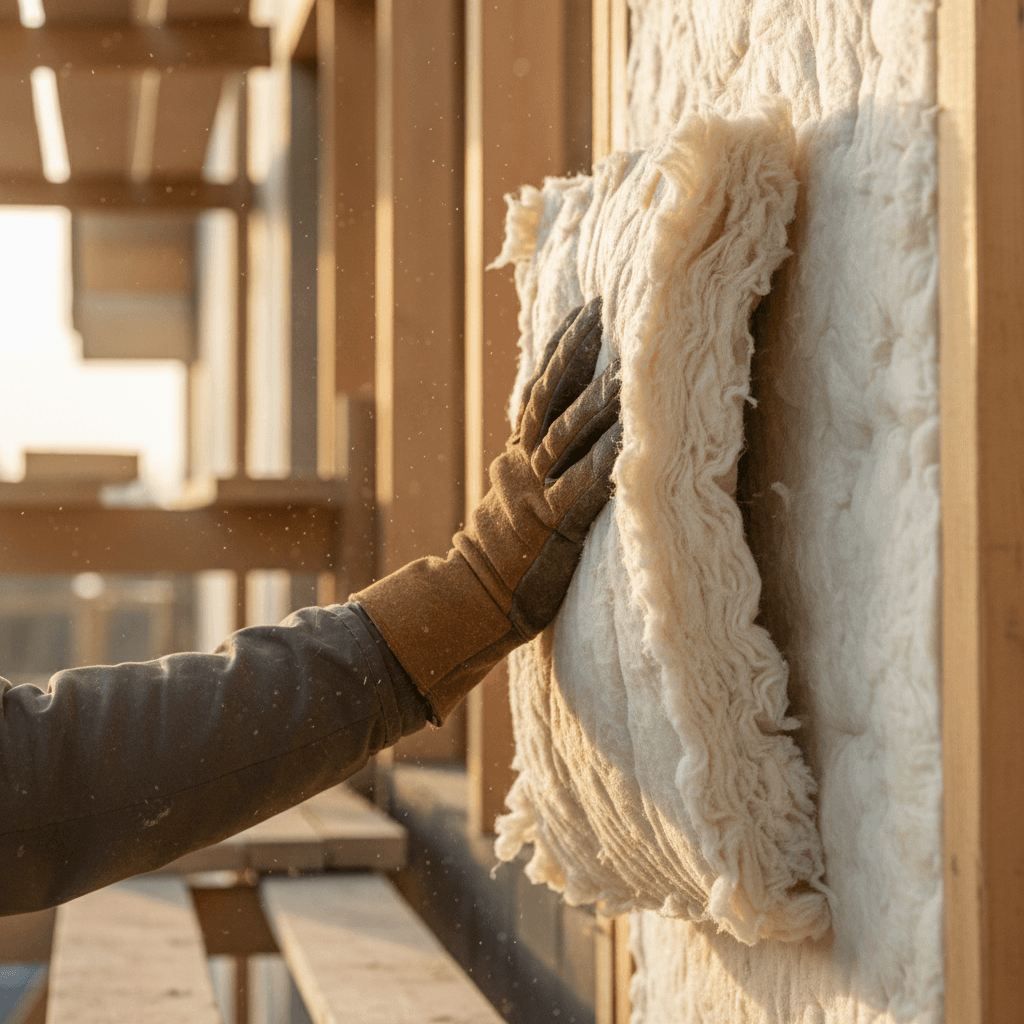 Warm artisanal construction aesthetic close-up of a thermal insulation installation on a residential home facade