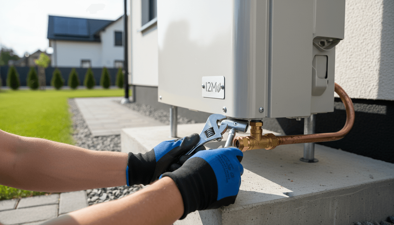 Technician adjusting connection valve on outdoor heat pump at residential installation