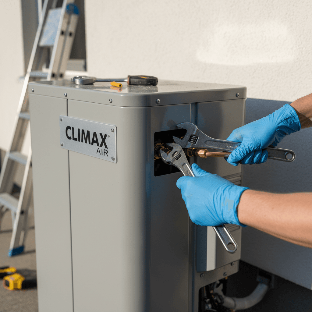 Heat pump installation detail showing professional connection work