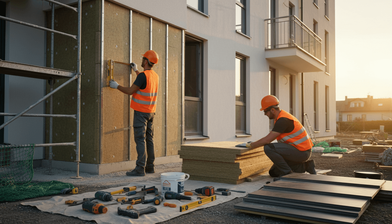 Construction team installing thermal insulation on residential facade