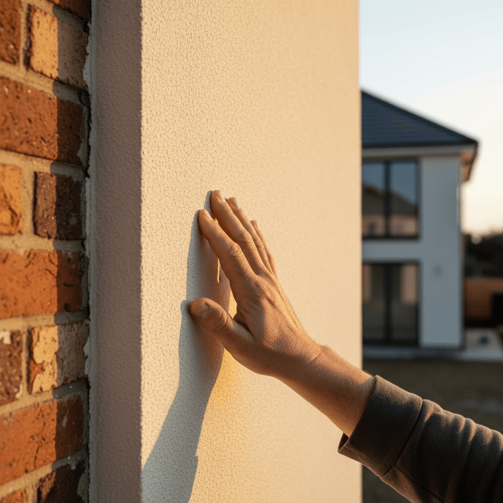 Homeowner touching newly renovated facade with satisfaction