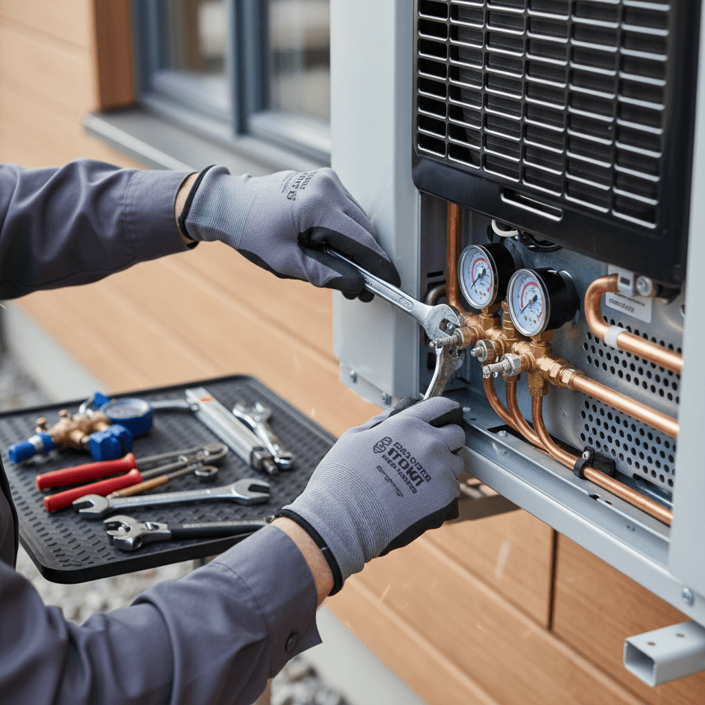 Technician installing heat pump on residential home