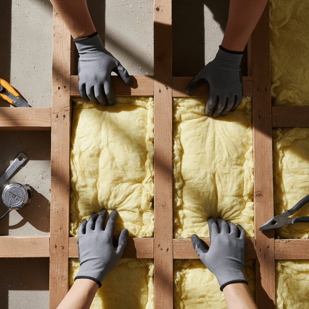 Construction worker installing thermal insulation on residential facade