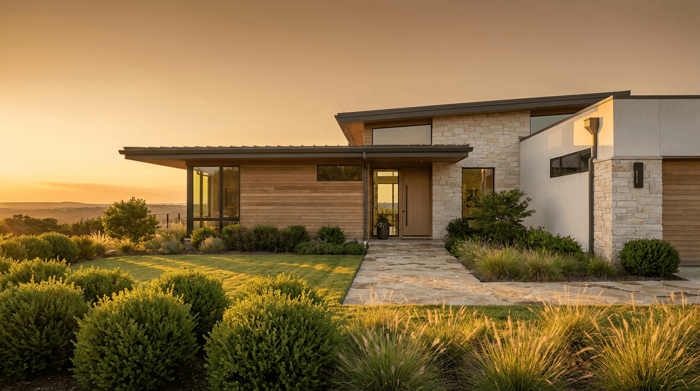 Modern renovated home exterior with updated facade and thermal insulation in afternoon sunlight