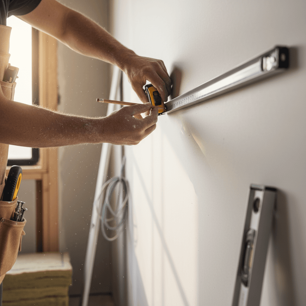 Construction professional measuring residential facade