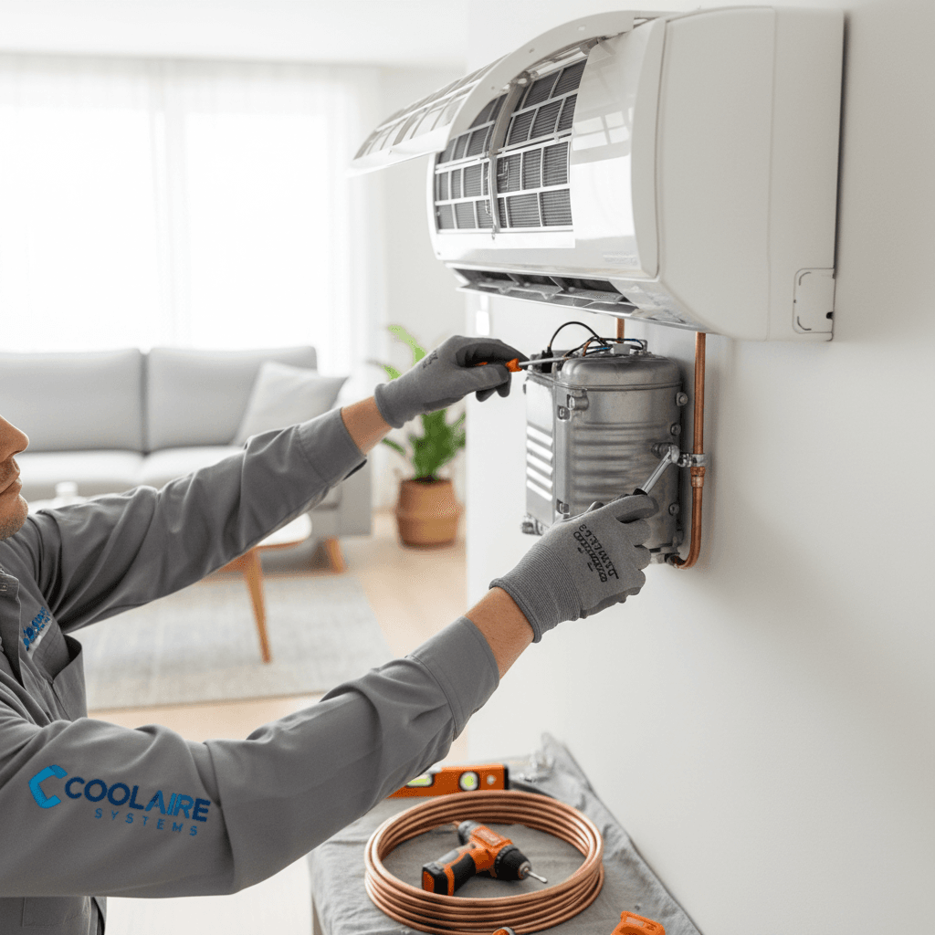 Heat pump unit installation on home exterior
